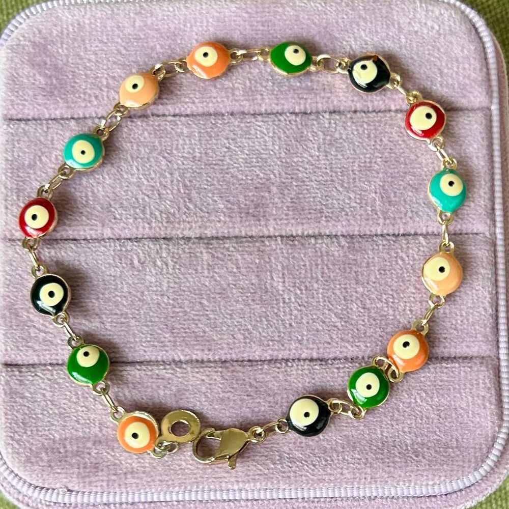 Gold Tone and Multicolored Evil Eye Bracelet or Anklet